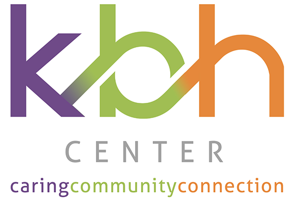 KBH Center logo: large purple-green-orange 'kbh' letters with 'CENTER' below and the tagline 'caring community connection' in purple, green, and orange.
