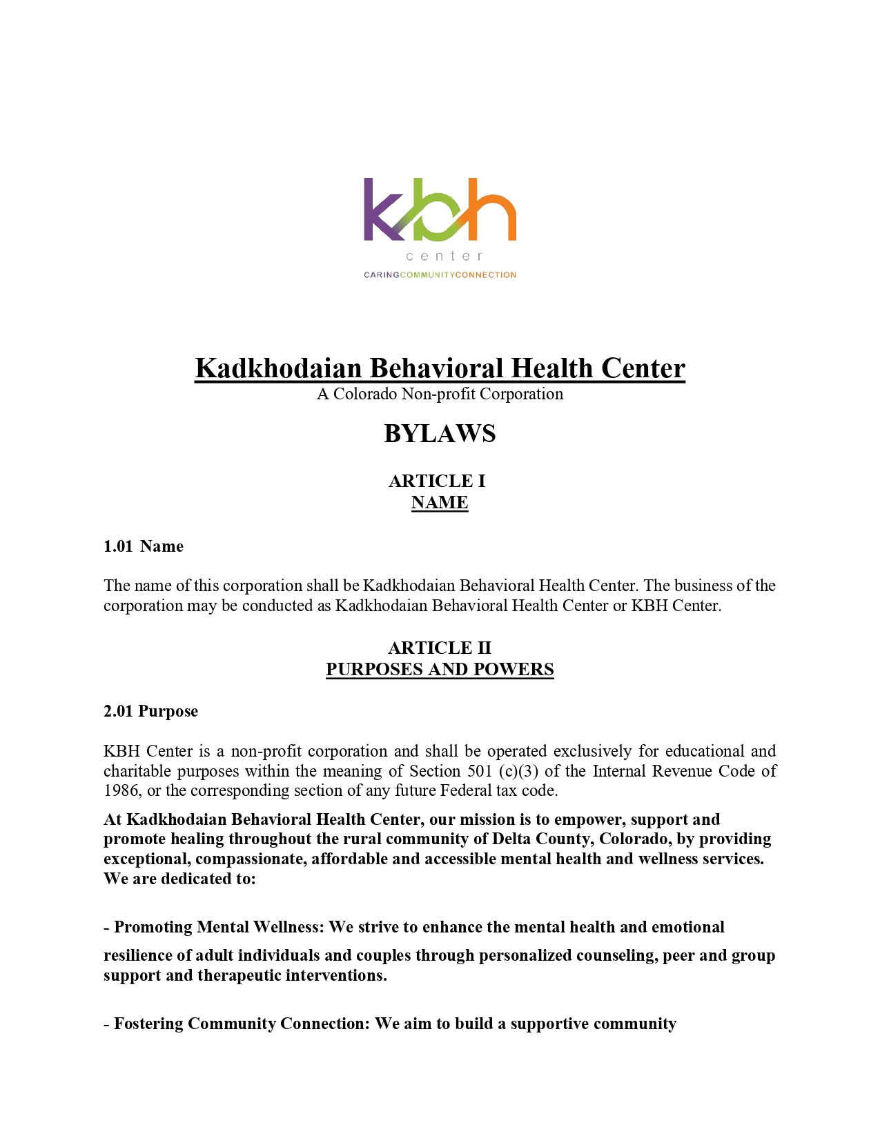 Cover page with a colorful KBH Center logo and bold title 'Kadkhodai(an) Behavioral Health Center' followed by 'BYLAWS' and introductory article headings, like 'Article I' and '1.01 Name'.