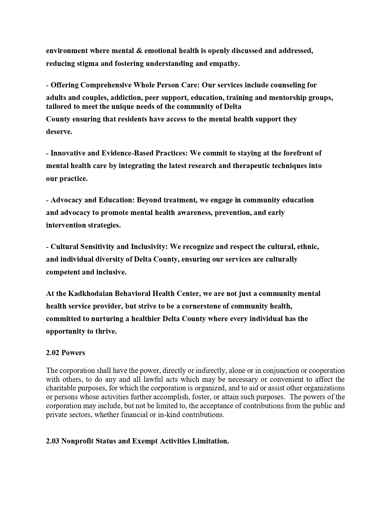 Copy of an organization’s mission page outlining values: open discussion of mental health, comprehensive care, evidence-based practices, advocacy, and cultural inclusivity (Kadkhodian Behavioral Health Center).