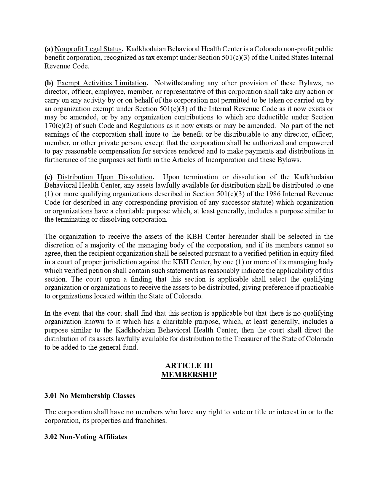 Page from bylaws titled ARTICLE III MEMBERSHIP, showing sections (a) Nonprofit Legal Status, (b) Exempt Activities Limitation, (c) Distribution Upon Dissolution, and 3.01 No Membership Classes.