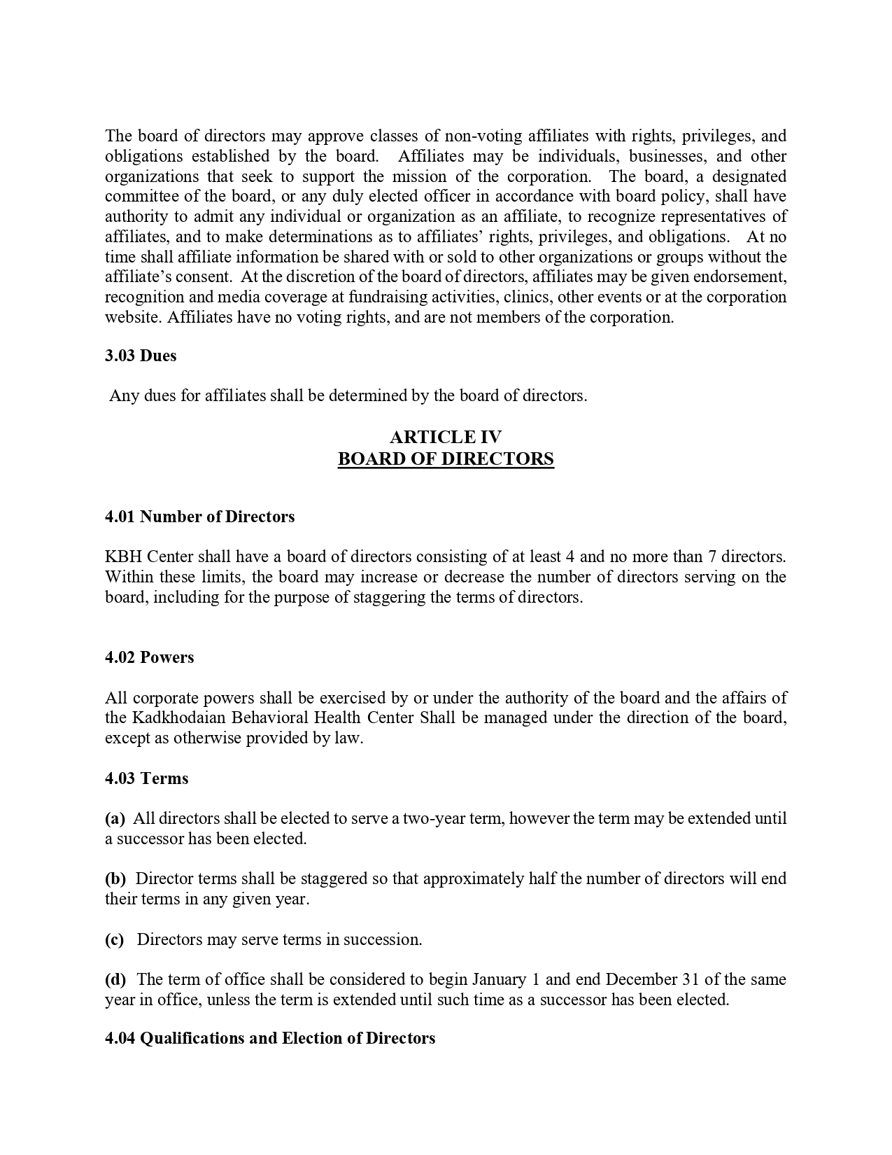 Document page from corporate bylaws: ARTICLE IV BOARD OF DIRECTORS with sections 3.03 Dues, 4.01 Number of Directors, 4.02 Powers, and 4.03 Terms.