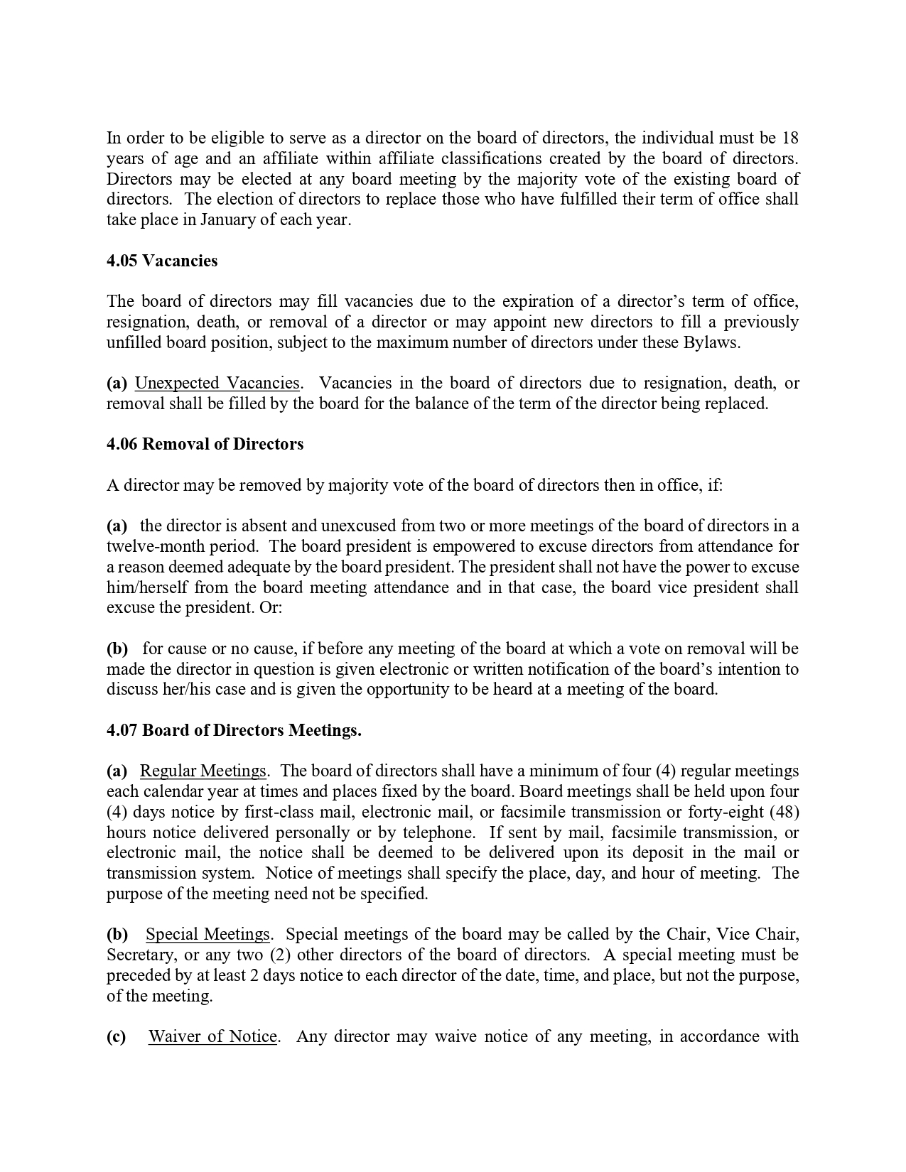 Bylaws page covering sections 4.05 Vacancies, 4.06 Removal of Directors, and 4.07 Board Meetings, detailing vacancies and meeting rules for directors.