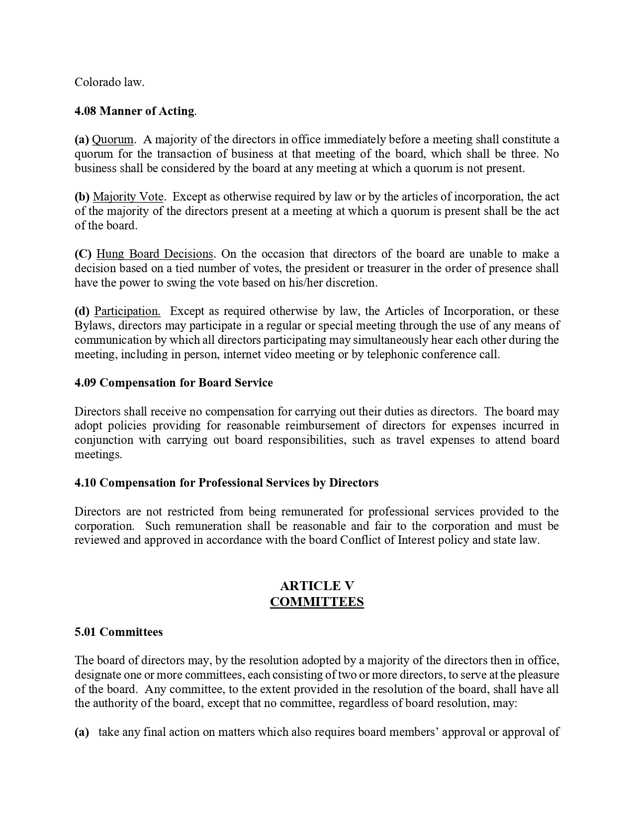 Page from a Colorado law document showing Article V: Committees, with sections 4.08 Manner of Acting and 4.09–4.10 on compensation, followed by 5.01 Committees.