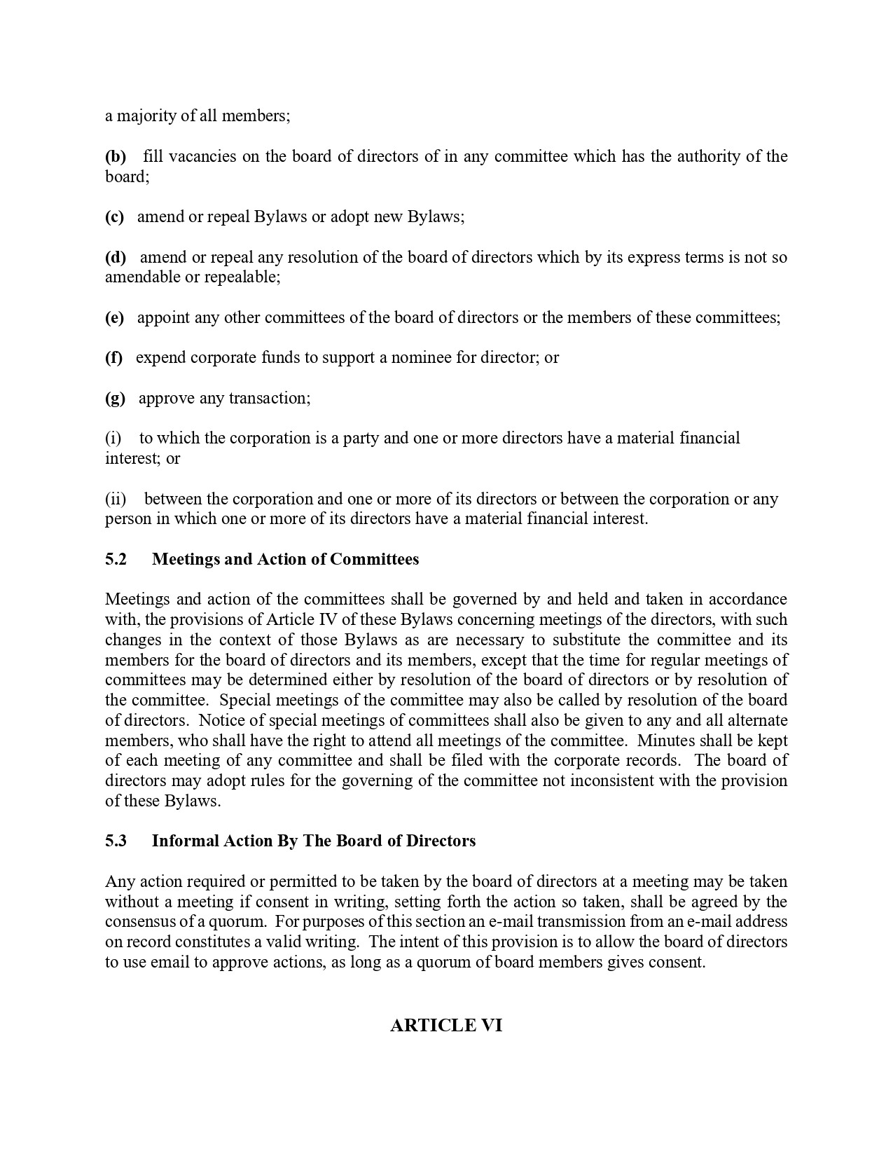 Page from bylaws showing sections 5.2 and 5.3 with 'ARTICLE VI' at the bottom.