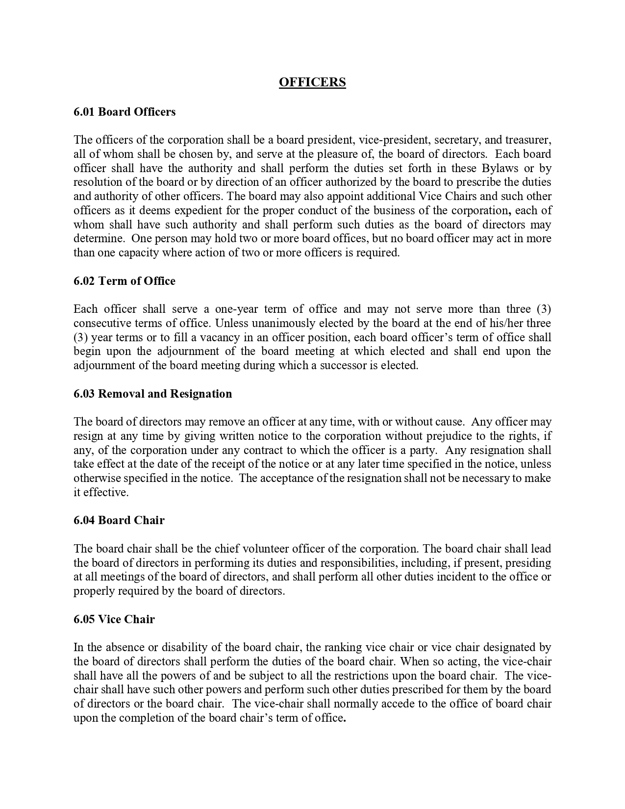 Document page titled OFFICERS listing board officer roles, terms, and removal/resignation sections (bylaws text).