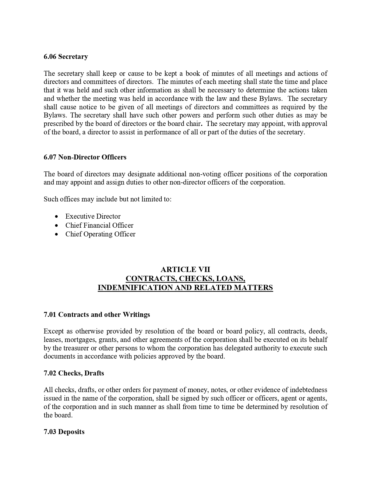 Page from corporate bylaws showing sections 6.06 Secretary and 6.07 Non-Director Officers, then Article VII Contracts, Checks, Loans