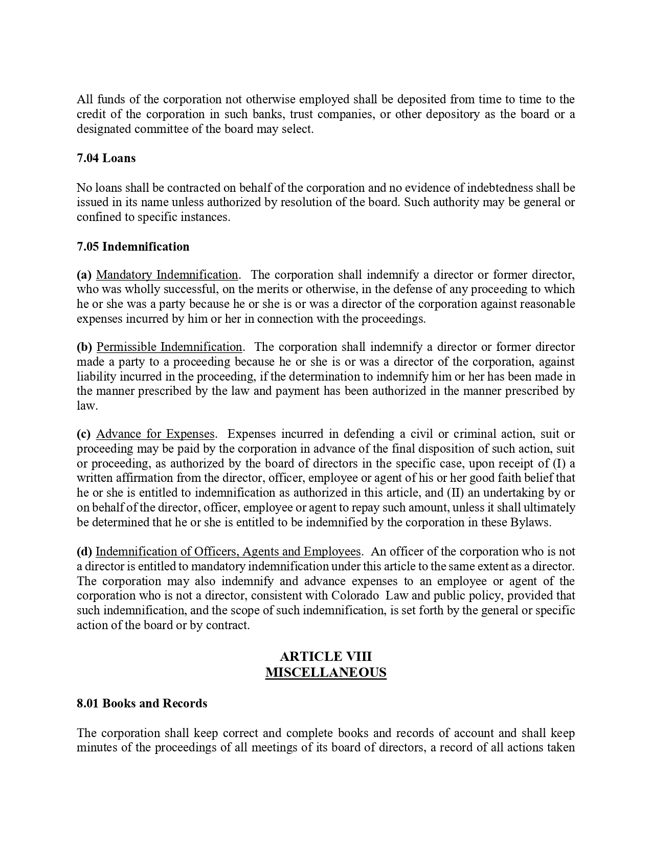 Page from corporate bylaws showing sections 7.04 Loans and 7.05 Indemnification under Article VIII: Miscellaneous of the document.
