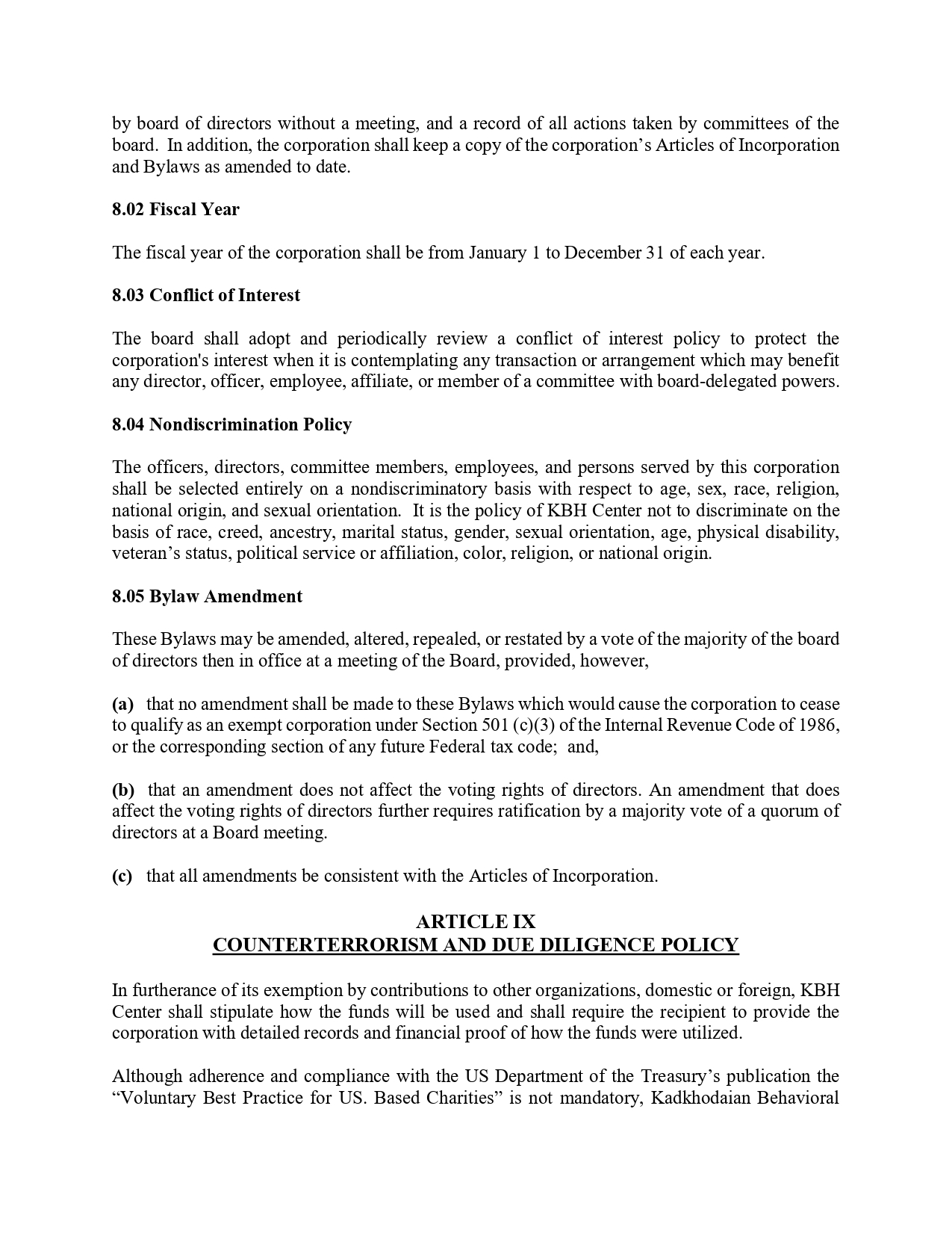 Page from a formal policy document showing sections 8.02–8.05 (Fiscal Year, Conflict of Interest, Nondiscrimination Policy, Bylaw Amendment) and the bold header 'ARTICLE IX COUNTERTERRORISM AND DUE DILIGENCE POLICY'.
