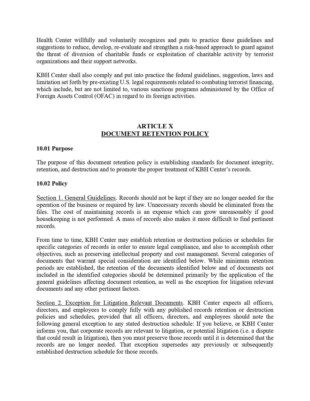 Page showing a formal document titled ARTICLE X DOCUMENT RETENTION POLICY with sections 10.01 Purpose and 10.02 Policy, describing retention guidelines.