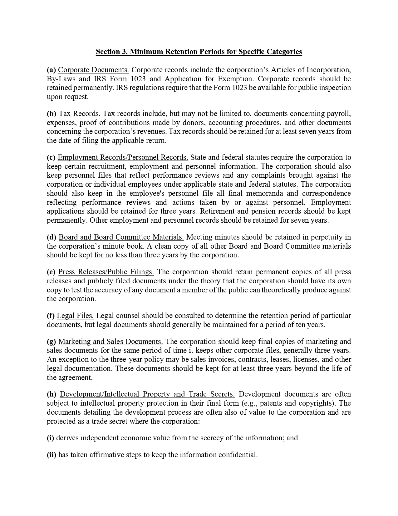 Page showing 'Section 3. Minimum Retention Periods for Specific Categories' with subsections a) through i), describing required retention categories and brief descriptions for Corporate Documents, Tax Records, Employment Records, and more.