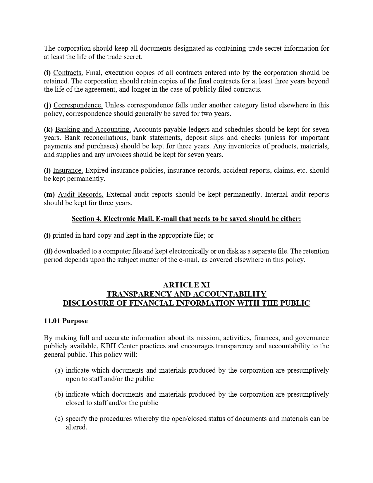 Policy document page showing Section 4 on Electronic Mail and Article XI on Transparency and Accountability and Disclosure of Financial Information with the Public.