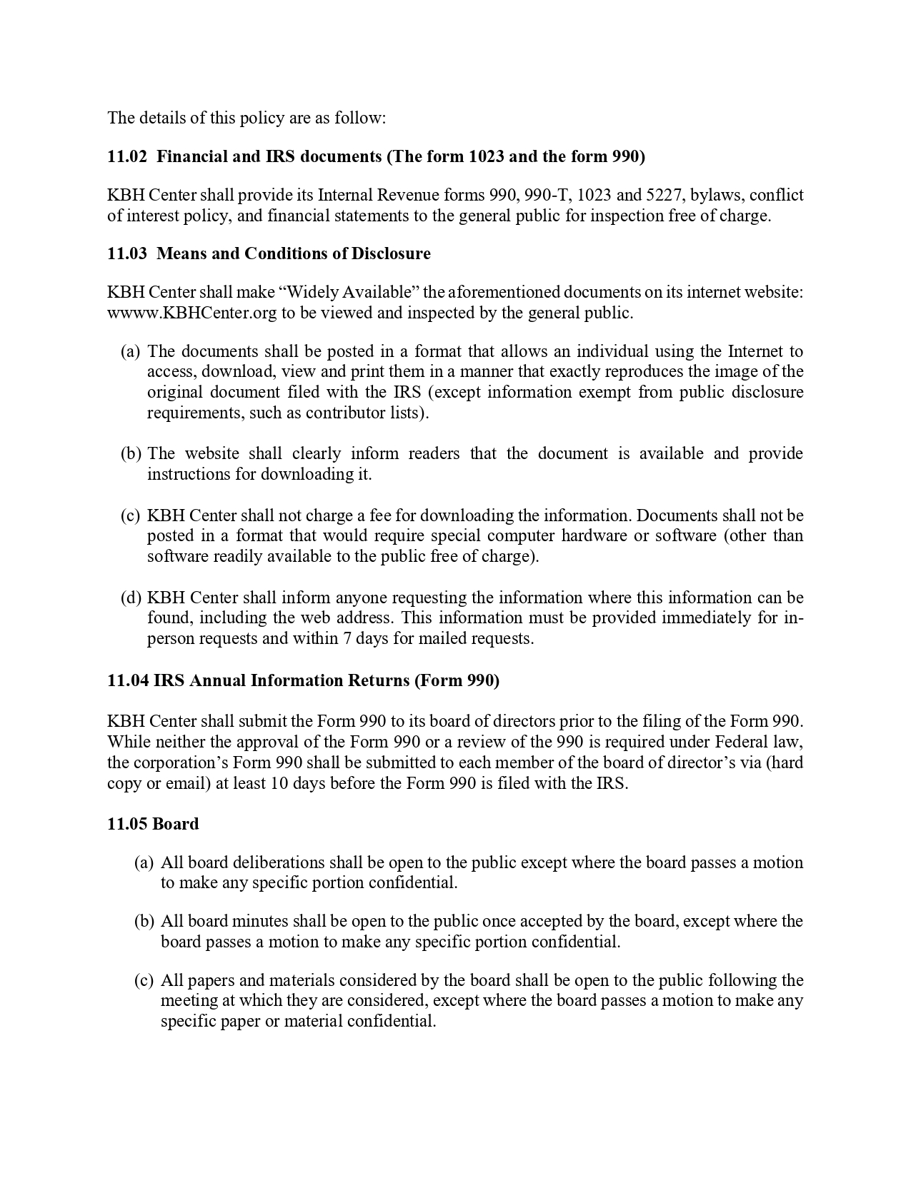 Policy page text: sections 11.02–11.05 covering financial/IRS documents, disclosure means, annual returns, and board provisions from KBH Center.