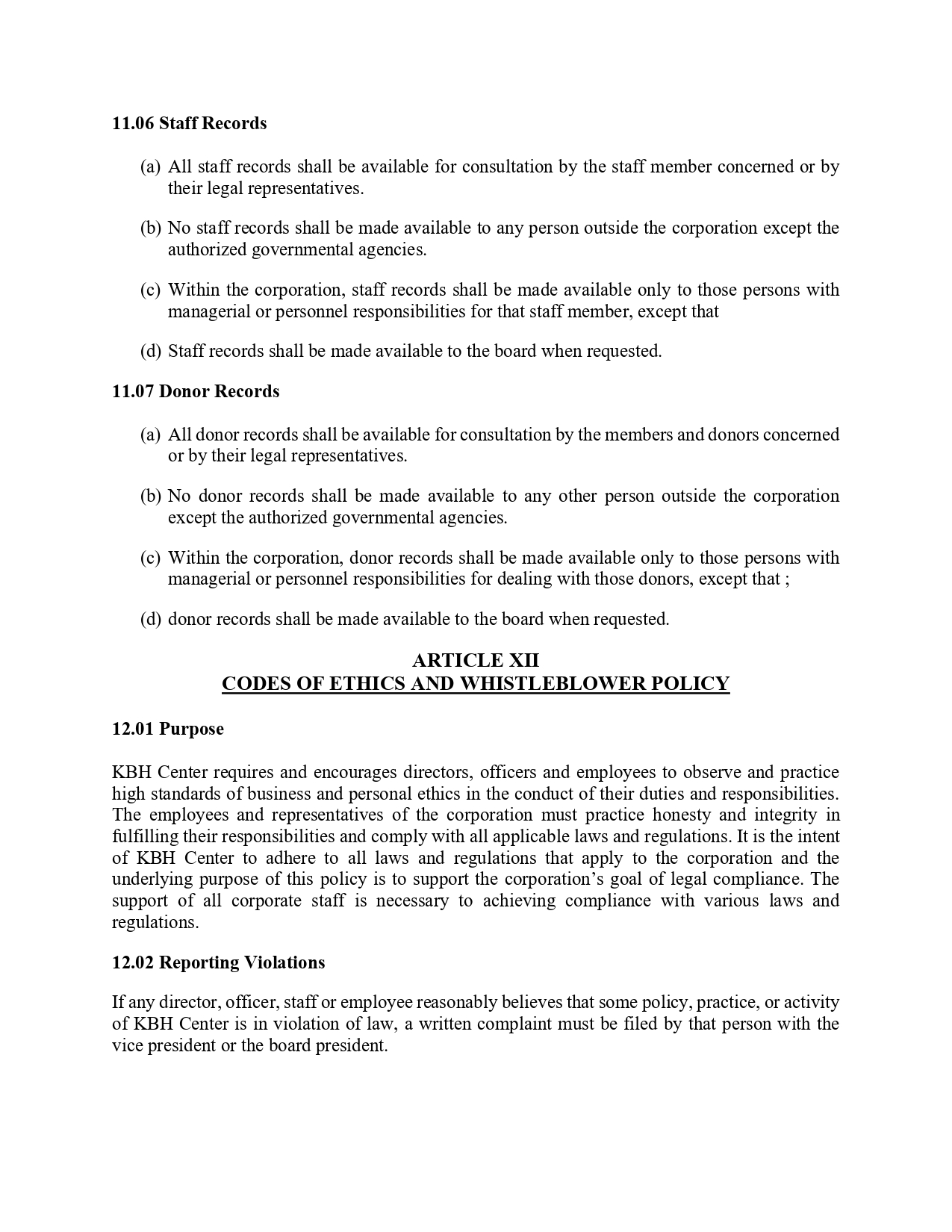 Page from a policy document showing sections 11.06 Staff Records and 11.07 Donor Records with Article XII heading below.