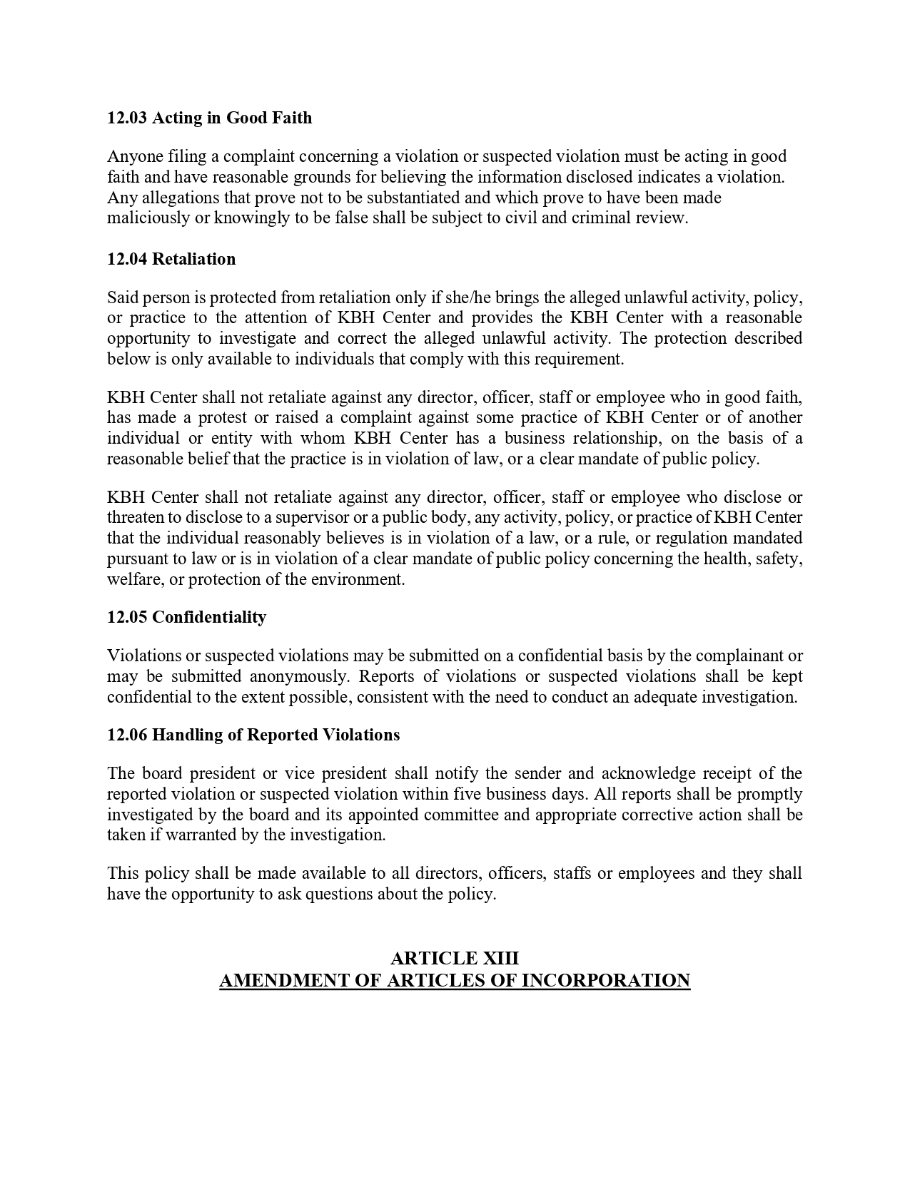 Policy document page showing sections 12.03 to 12.06 and the 'ARTICLE XIII' header at the bottom.